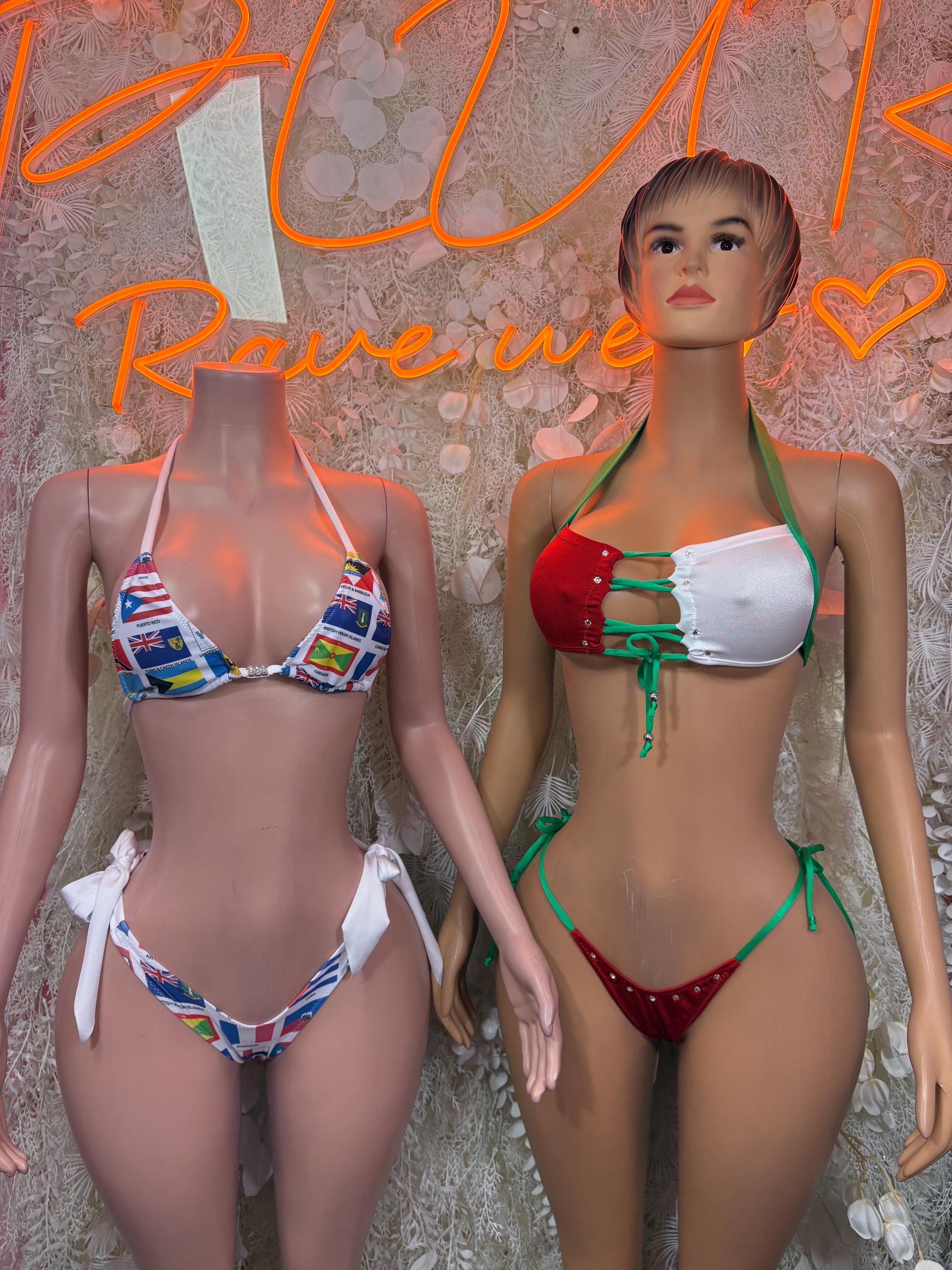 Mexican flag style bikini set with red, white, green trim and blue print accents