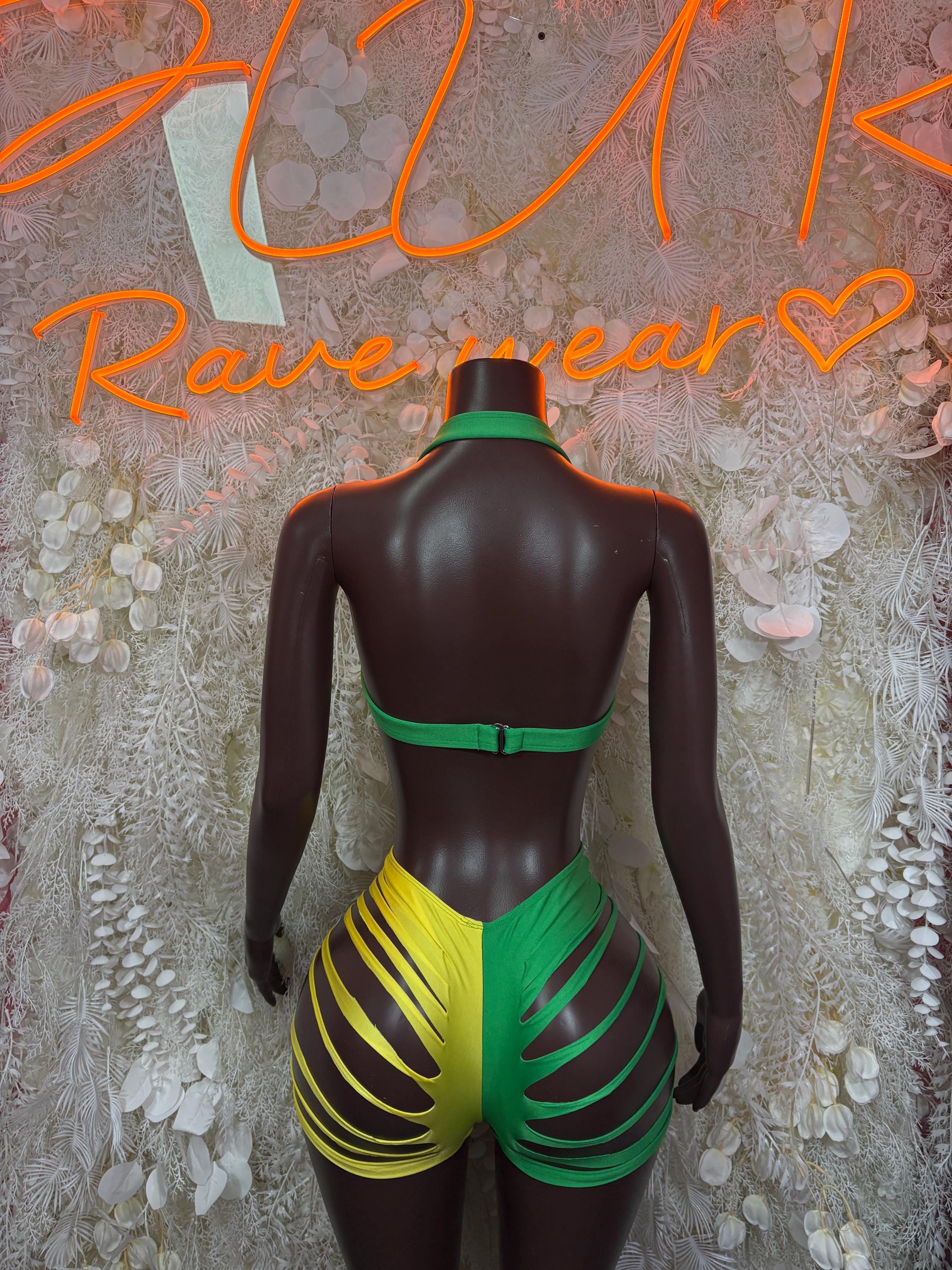 Brazilian flag bikini set, green and yellow back panel, dark fabric, halter straps
