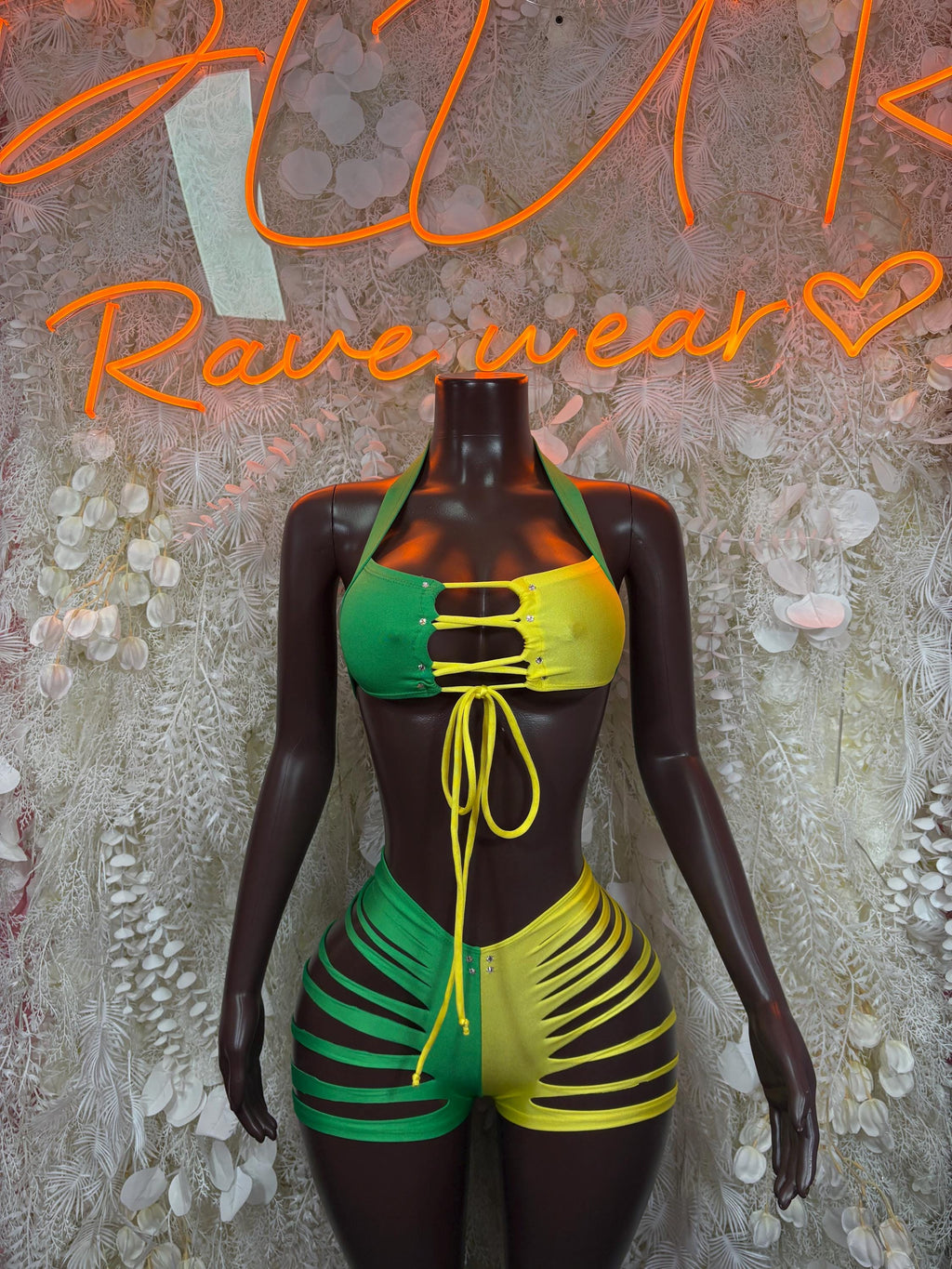 Brazilian flag bikini set, green triangle top with yellow sides, dark bottom, drawstring ties