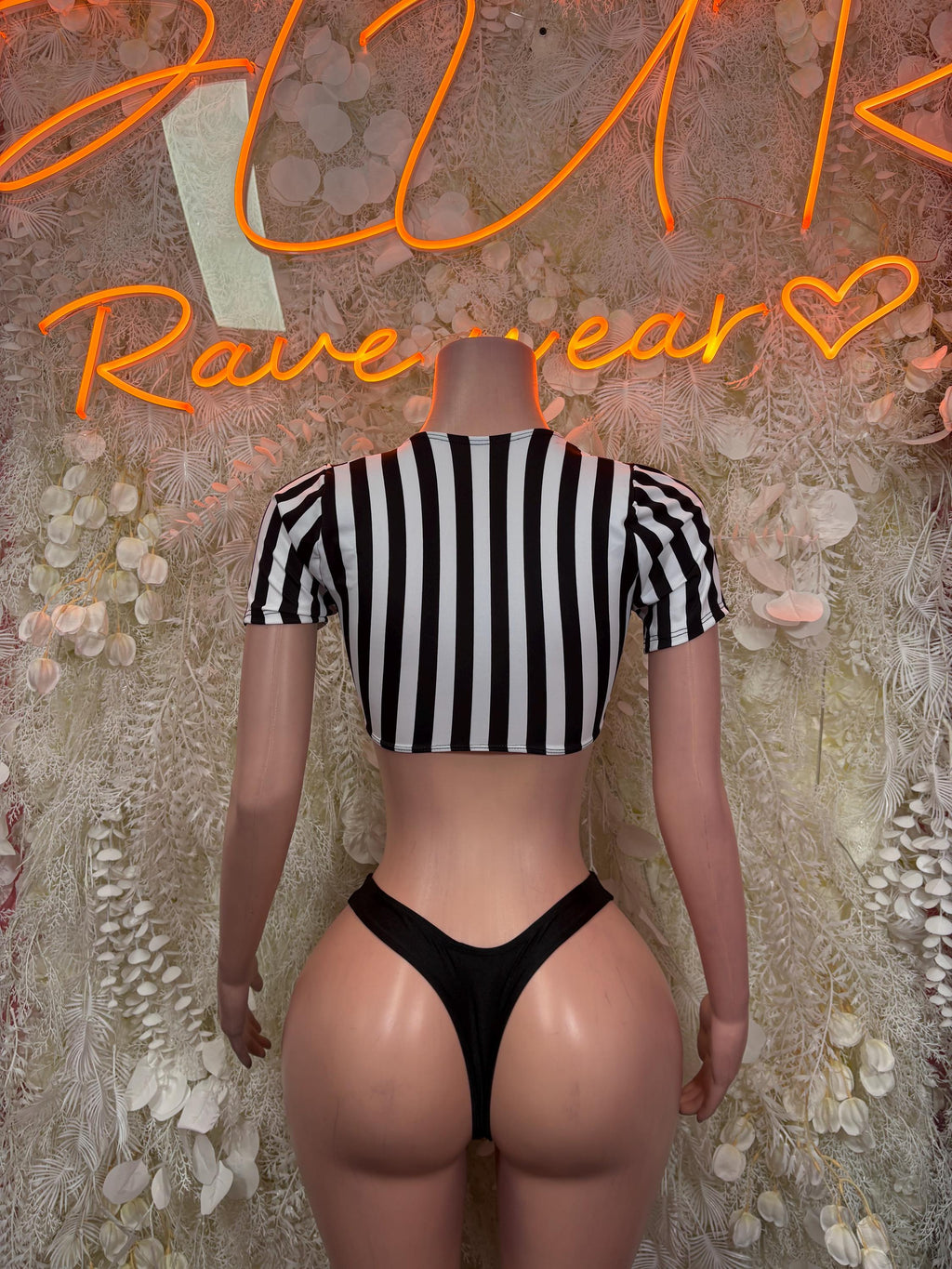 Referee bikini costume back view, striped crop top and black bikini bottom