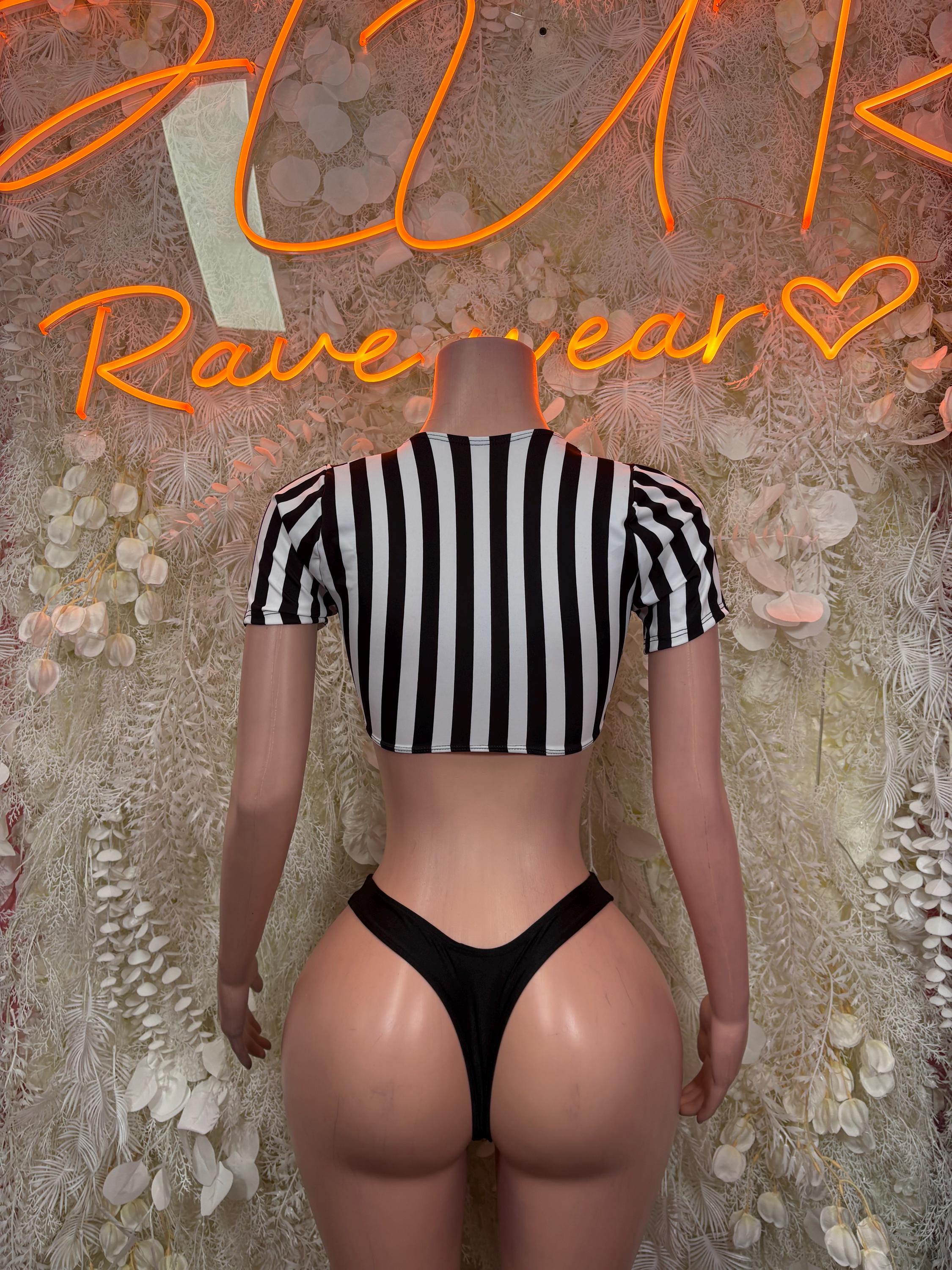 Referee bikini costume back view, striped crop top and black bikini bottom