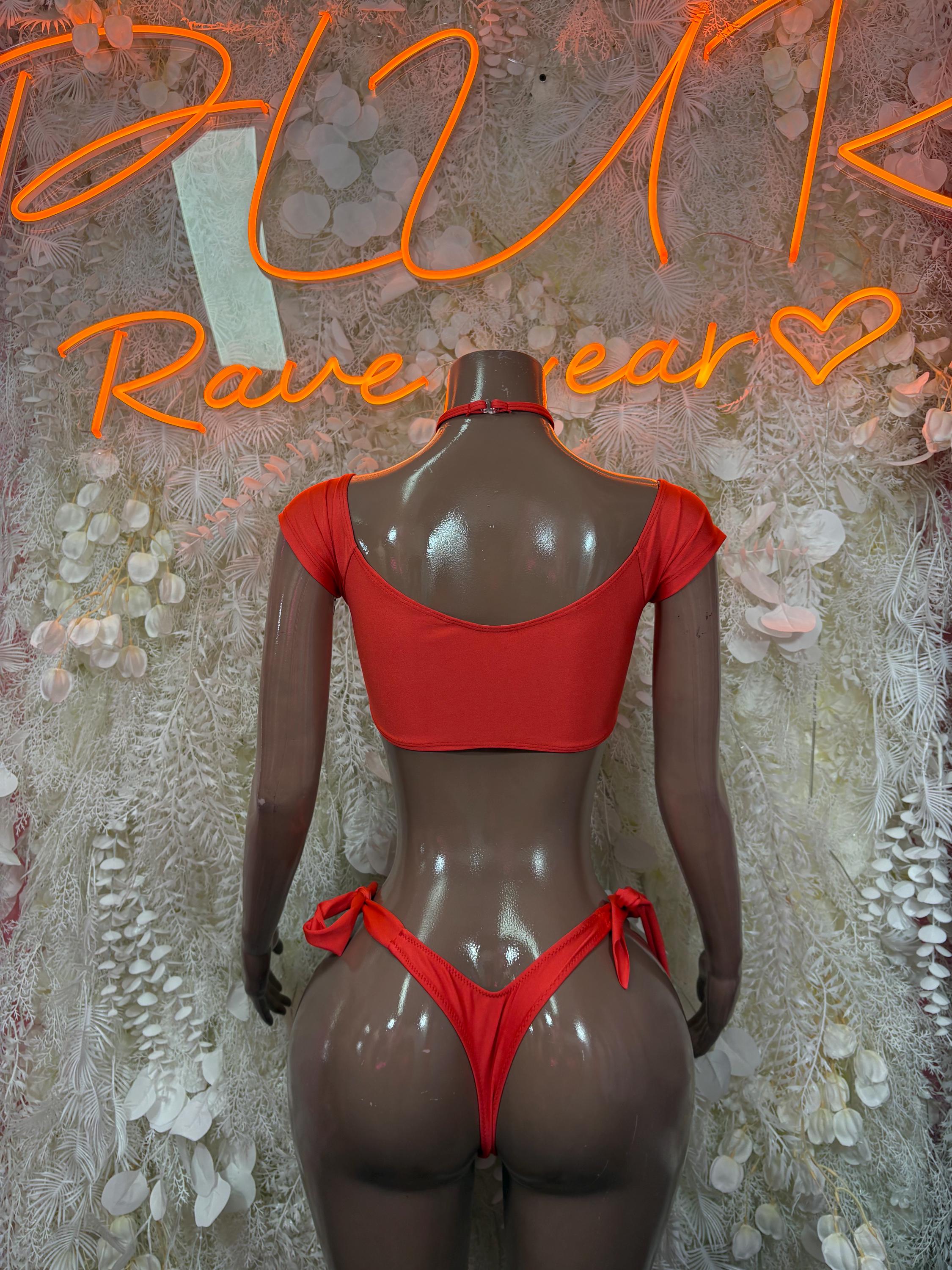 Red bikini two-piece with choker; back cutout bra and high-cut tied bottoms