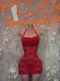 Red lace mesh one-piece mini dress, halter neckline and fitted bodycon silhouette.