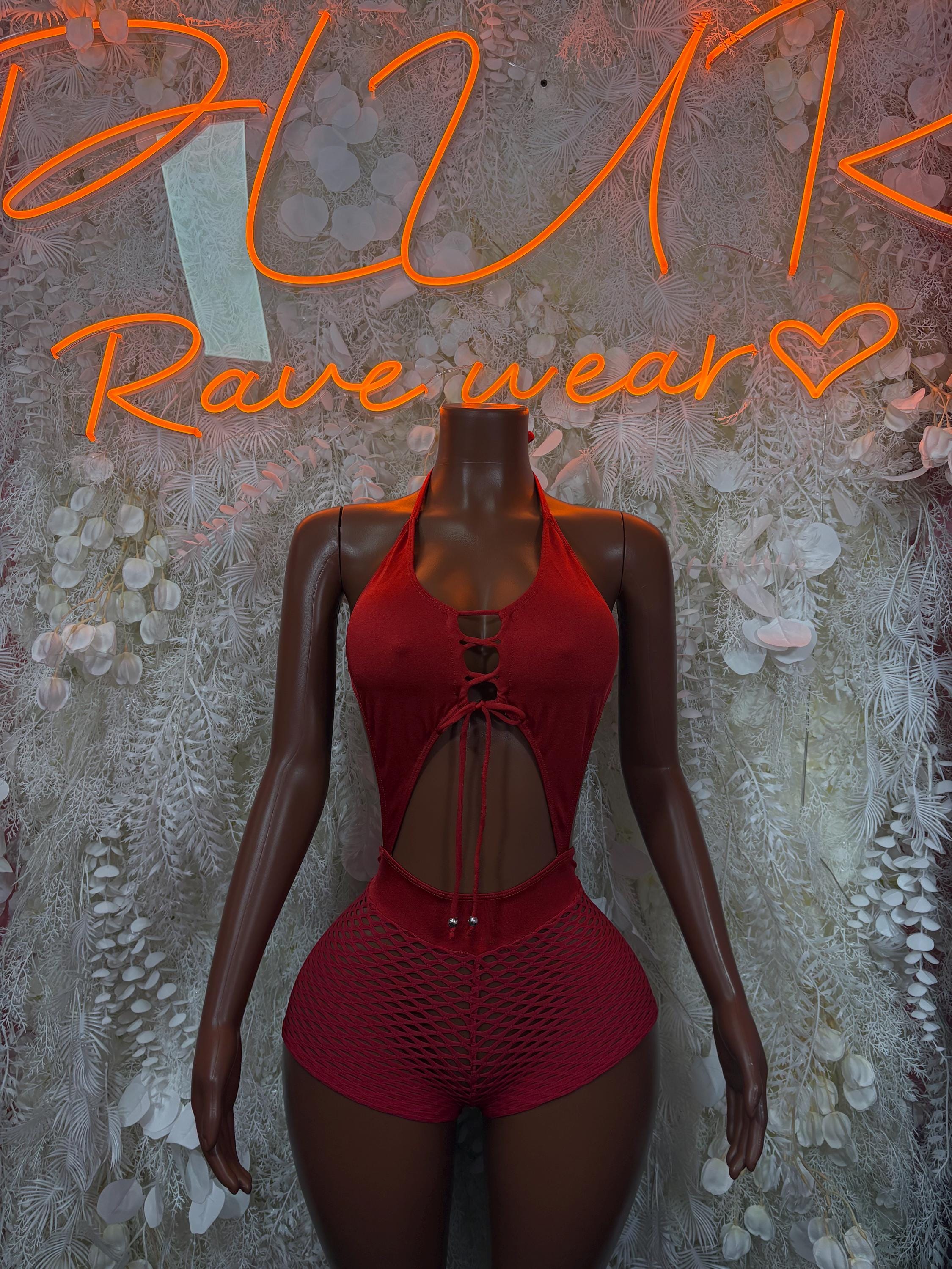 Red fishnet bodysuit with halter neckline and high-cut legs