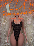 Black lace mesh bodysuit with choker, thin straps and lace panel front