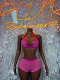 Pink fishnet two-piece rave set with triangle bra and high-waist shorts