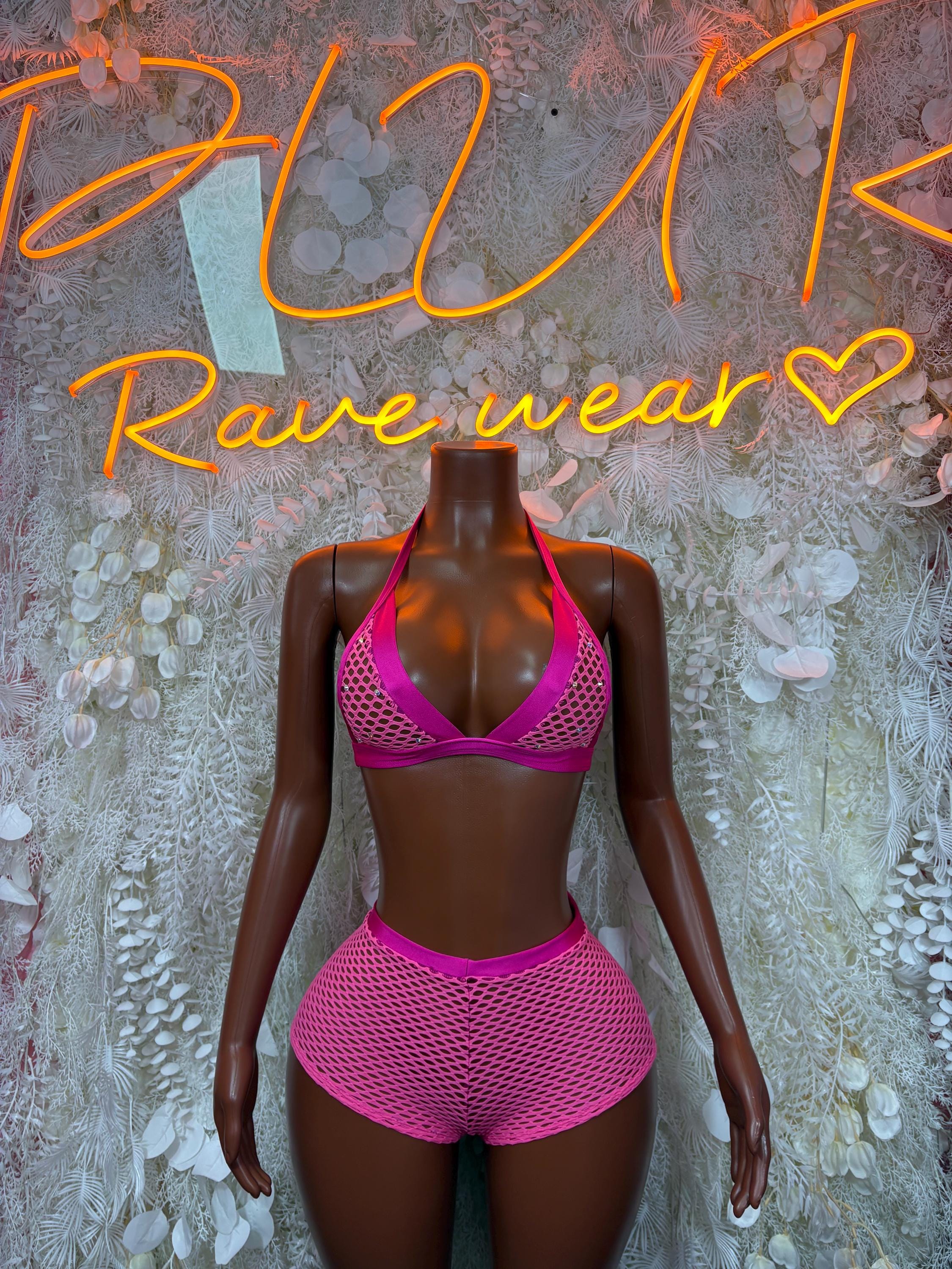 Pink fishnet two-piece rave set with triangle bra and high-waist shorts
