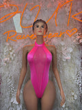 Pink halter one-piece bodysuit with high neck and full coverage front