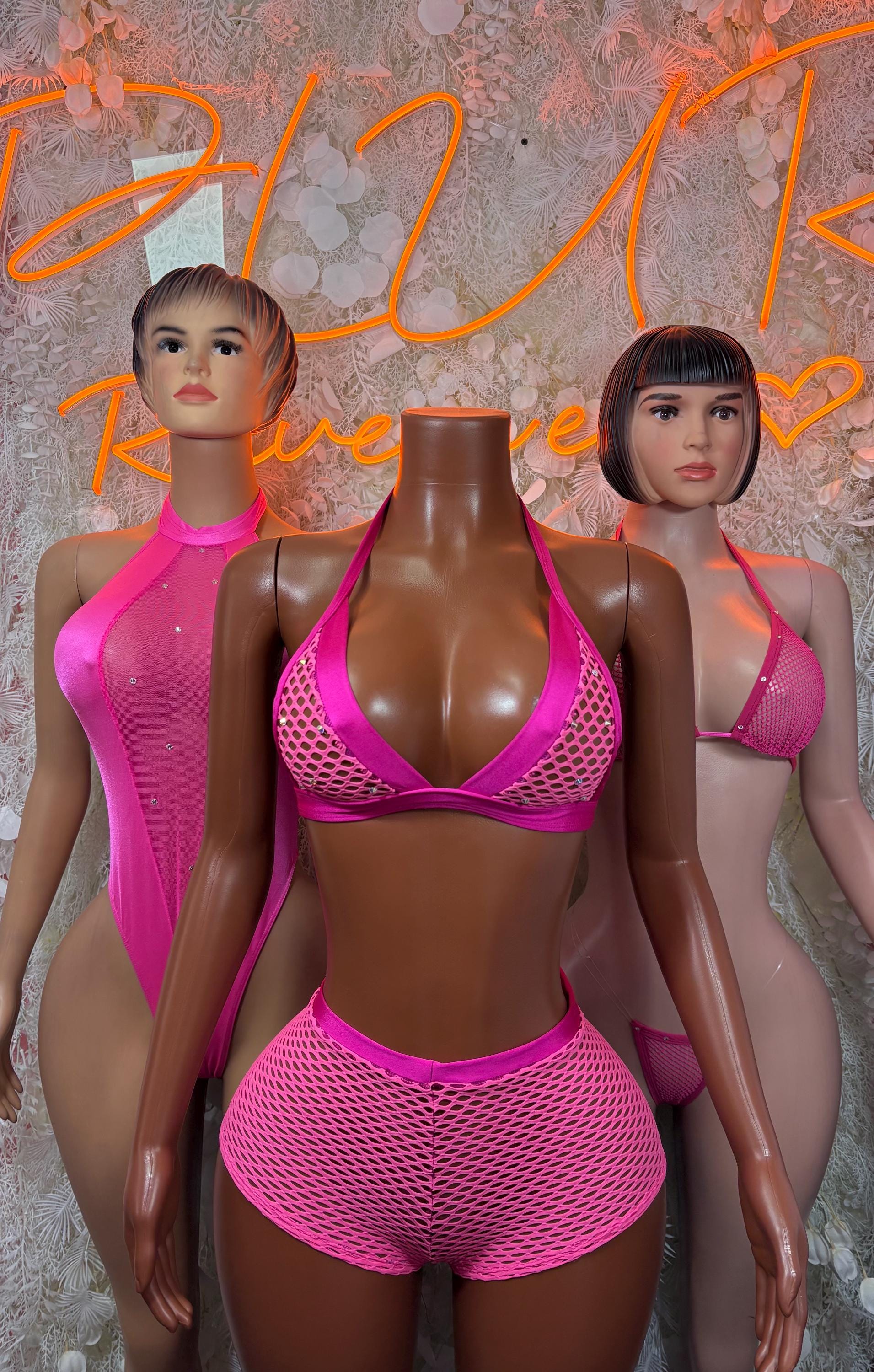 Pink mesh halter one-piece bodysuit with cutout front and matching bottom
