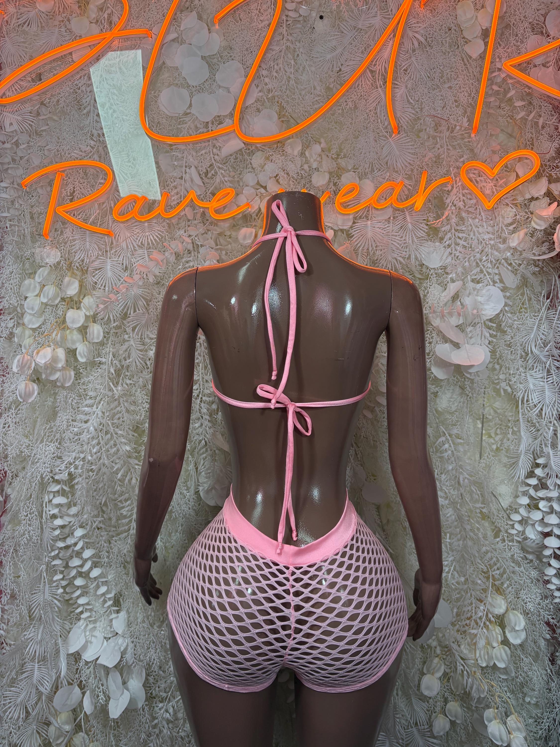 Pink fishnet two-piece set with back-tie halter top and fishnet shorts, tie strings