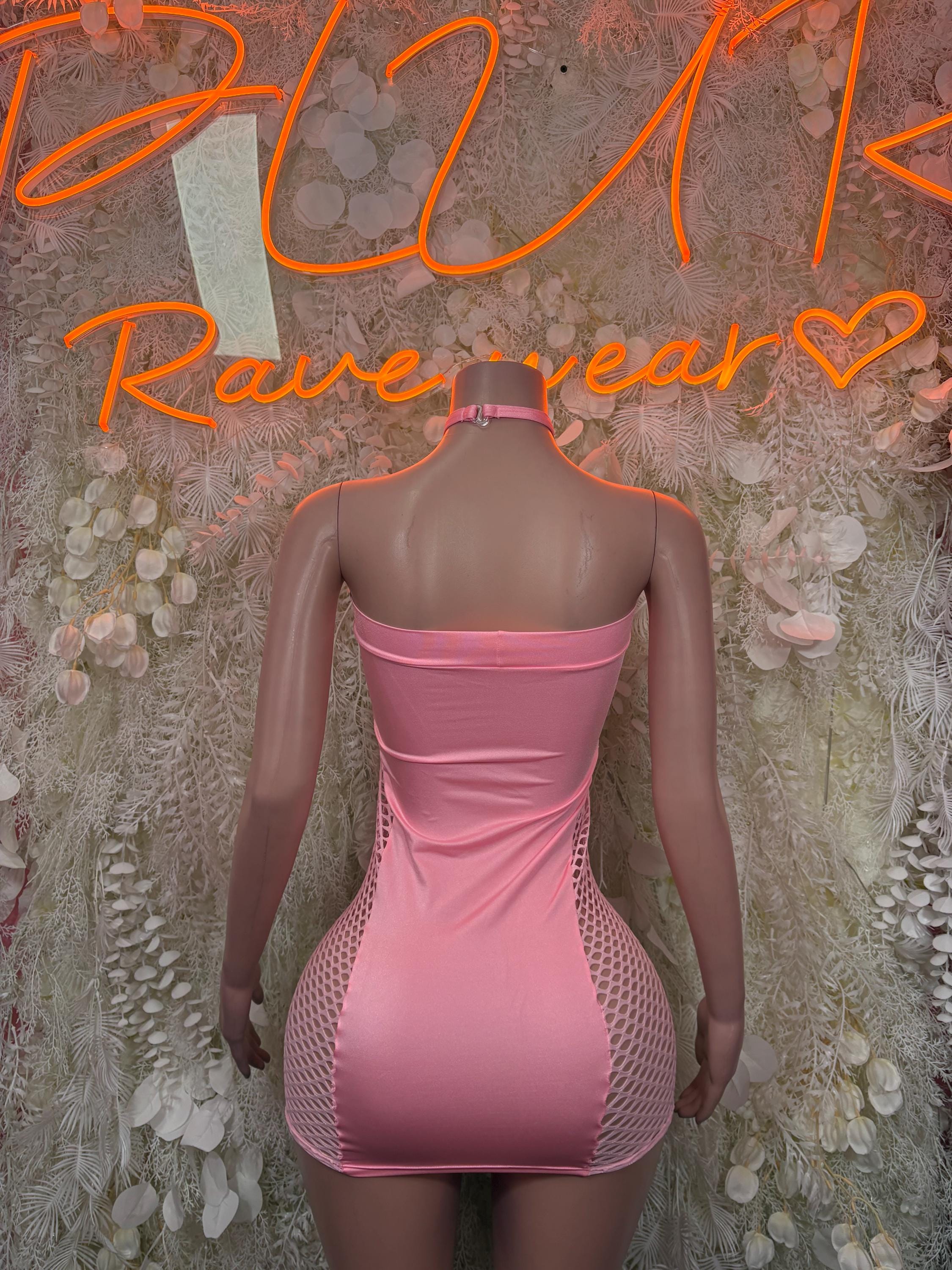 Back view pink one-piece bodysuit with choker straps and ruched waist, sheer side panels