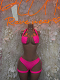 Hot pink two-piece rave bikini set with ruffled triangle top and high-cut bottoms