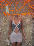 White sequin halter mini dress with ruched bodice and center front cutout