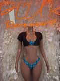 Two-piece dancewear bikini with black cropped top and blue plaid high-cut bottoms