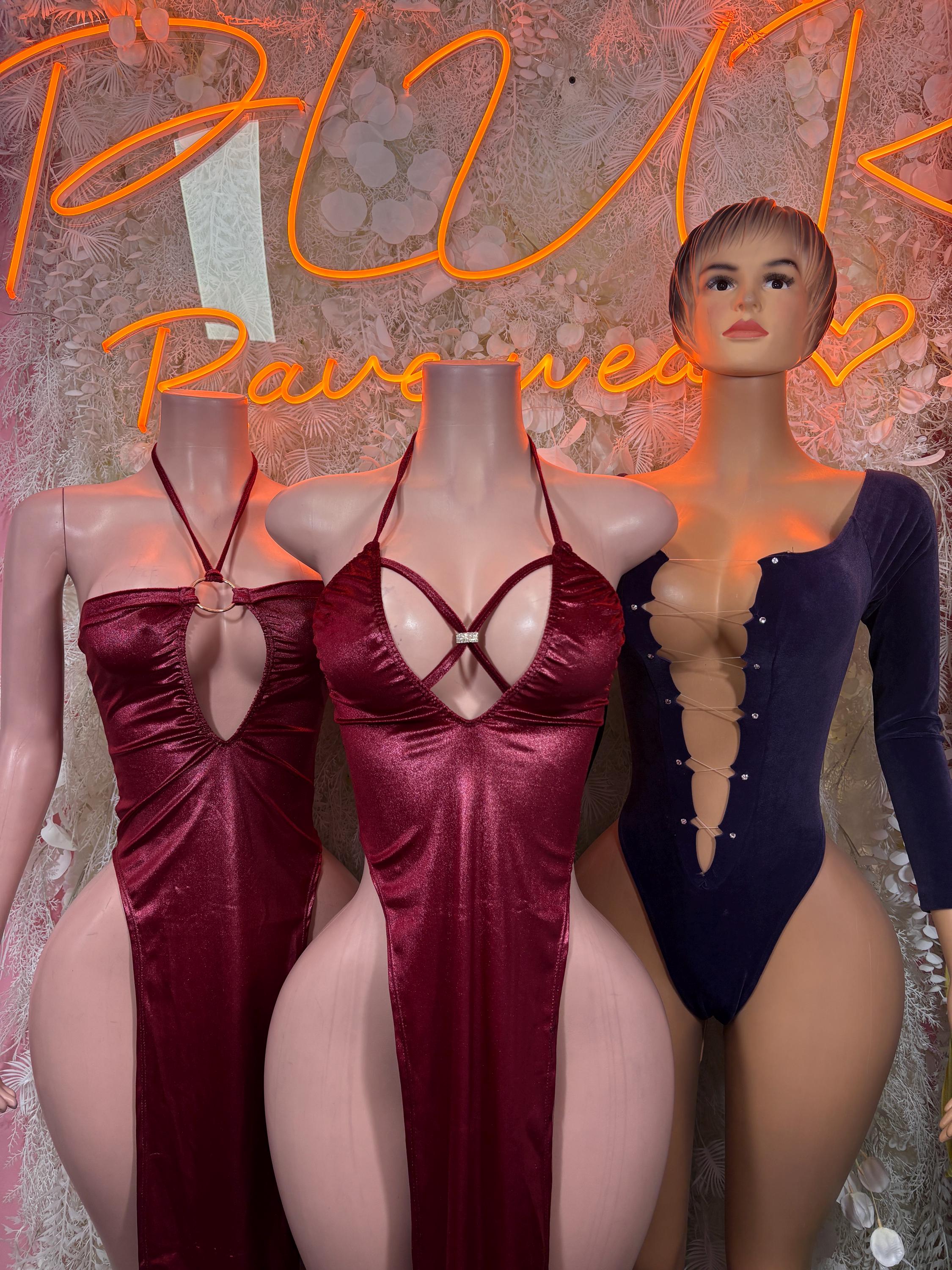 Purple velvet one-piece with long sleeves and burgundy satin dress with lace-up straps