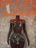 Camo print two-piece skirt set with ruffled peplum crop top and matching mini skirt