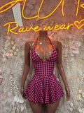 Pink gingham halter mini dress with V-neck and fitted bodice, skater skirt