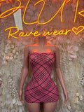 Pink strapless mini dress with black grid pattern, fitted bodycon silhouette