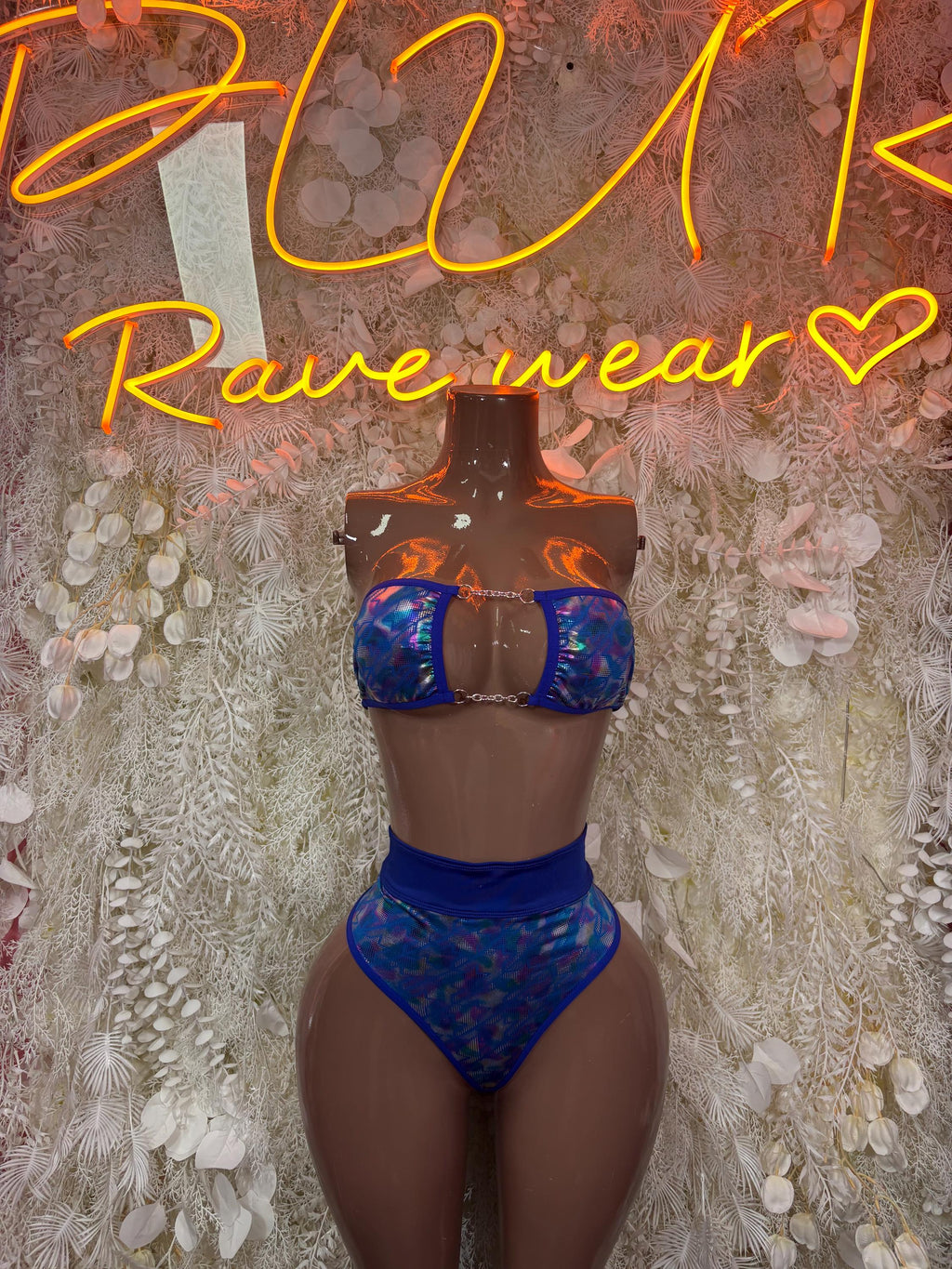 Blue two-piece rave bikini with underwire bra and high-cut bottoms