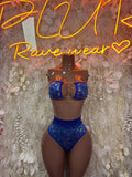 Blue two-piece rave bikini with underwire bra and high-cut bottoms