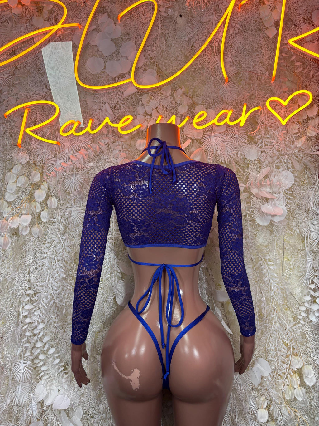 Blue sheer long-sleeve crop top with triangle bra and side-string bikini bottoms