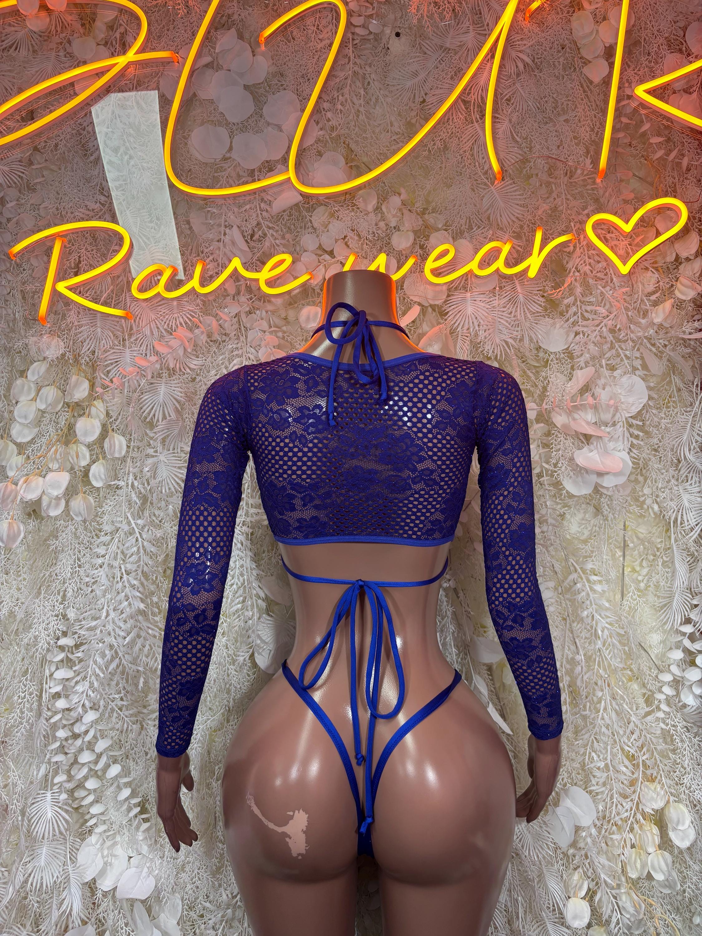 Blue sheer long-sleeve crop top with triangle bra and side-string bikini bottoms