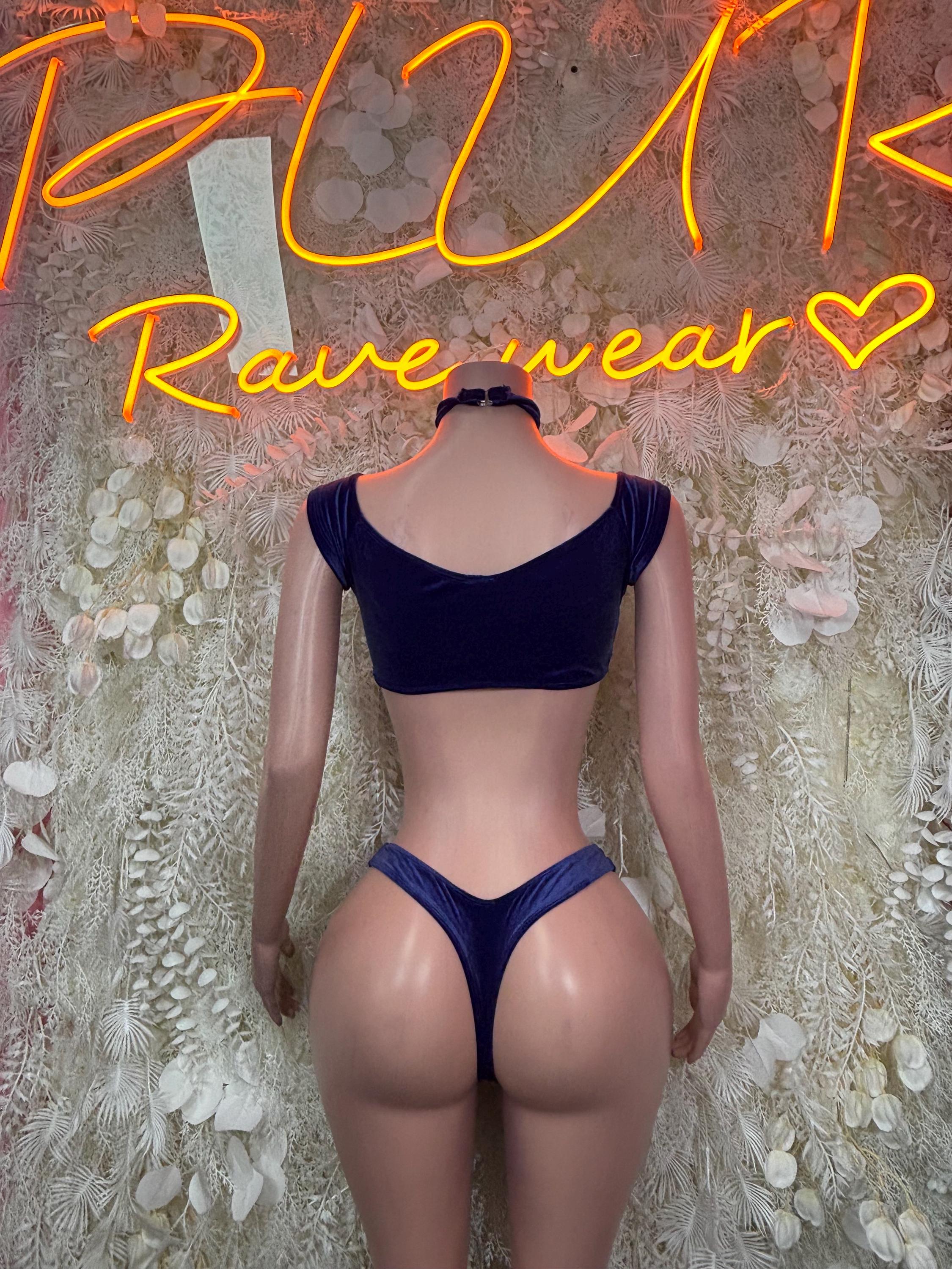 Dark navy two-piece dance outfit from back: crop bra top and high-cut bottoms