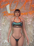 Iridescent blue-teal snakeskin print bikini with black triangle top and thong bottoms