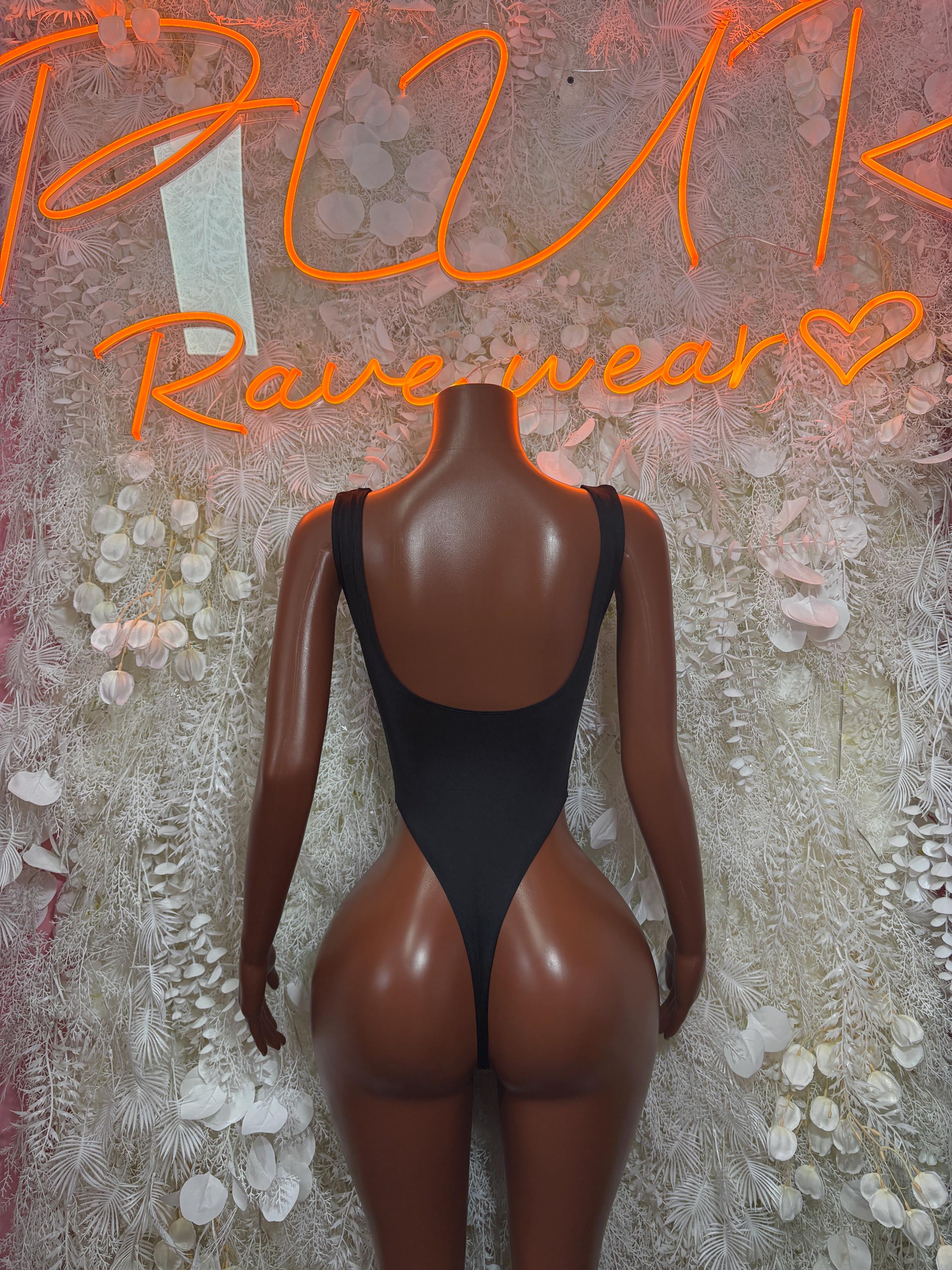 Black lace-up bodysuit back view with V-shaped neckline and cutout back