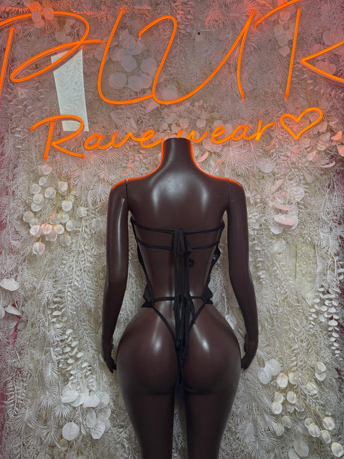 Black sheer bodysuit with open back and crisscross tie detail