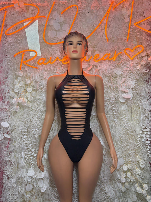 Black cutout halter bodysuit with crisscross front straps and high-leg coverage