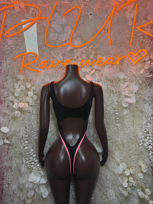 Black bodysuit with neon pink V-trim open back and cutout center