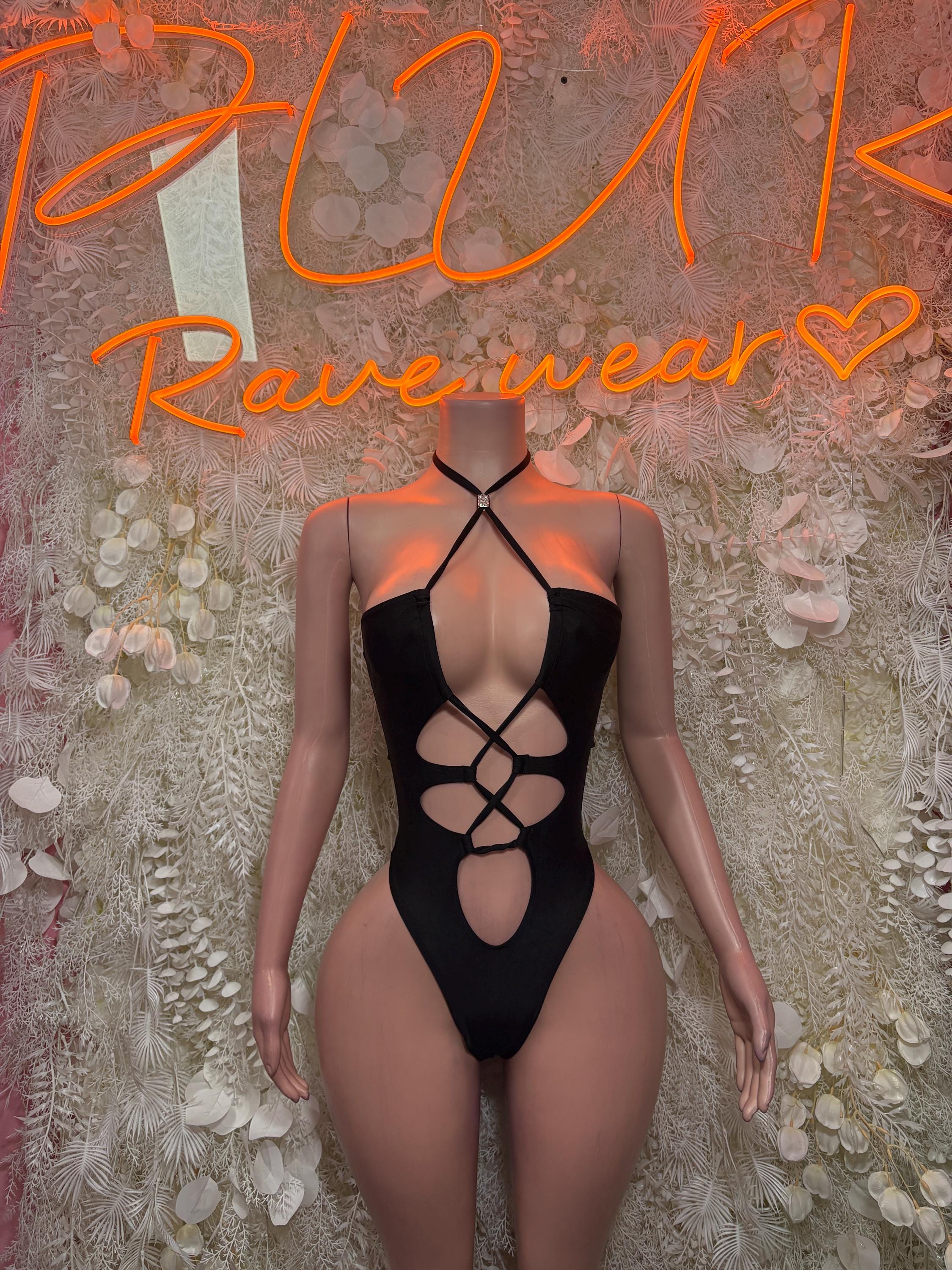 Black festival bodysuit with crisscross back straps and front oval cutouts