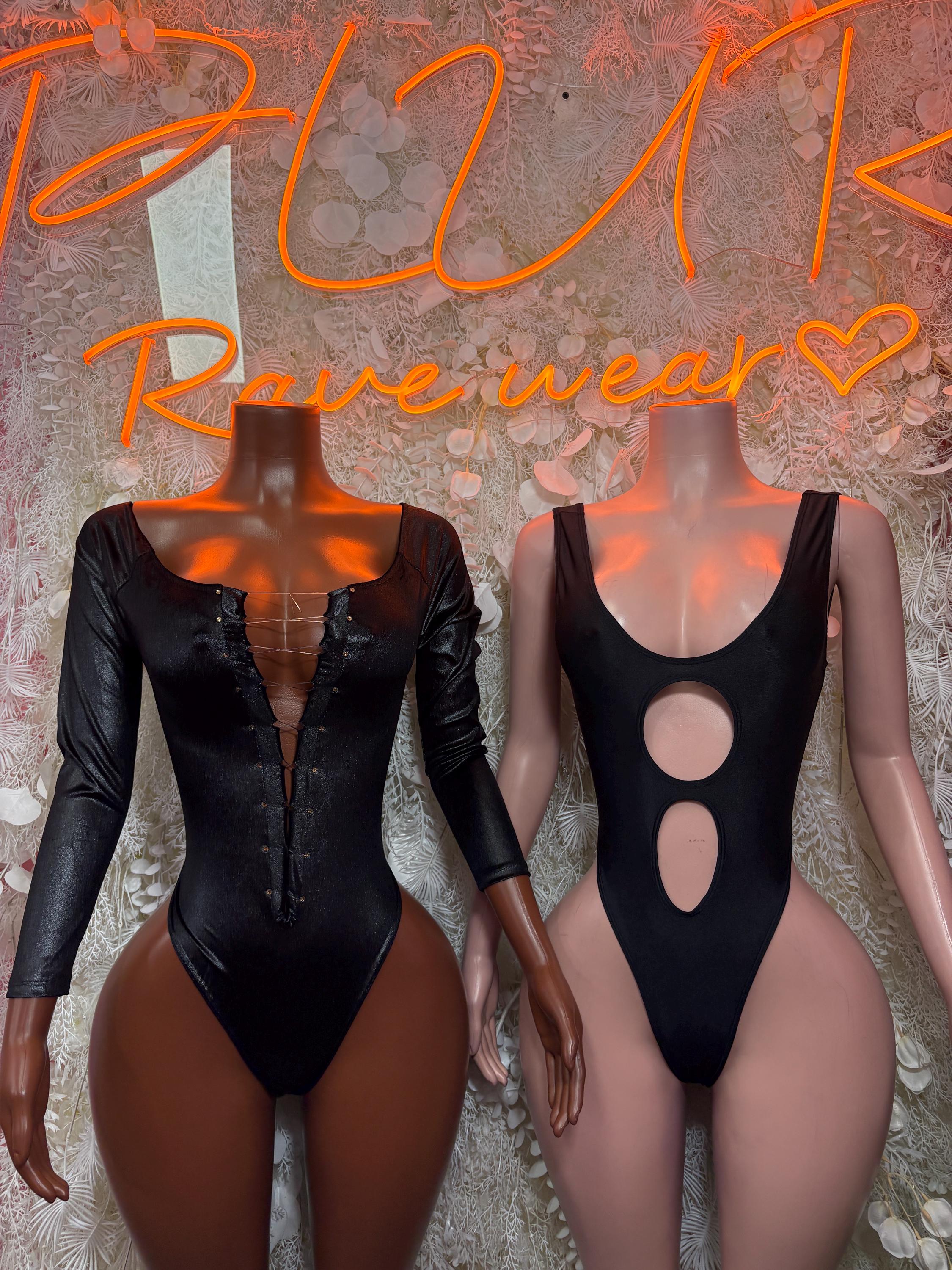 Black bodysuits side view: lace-up long sleeve and sleeveless oval cutout front