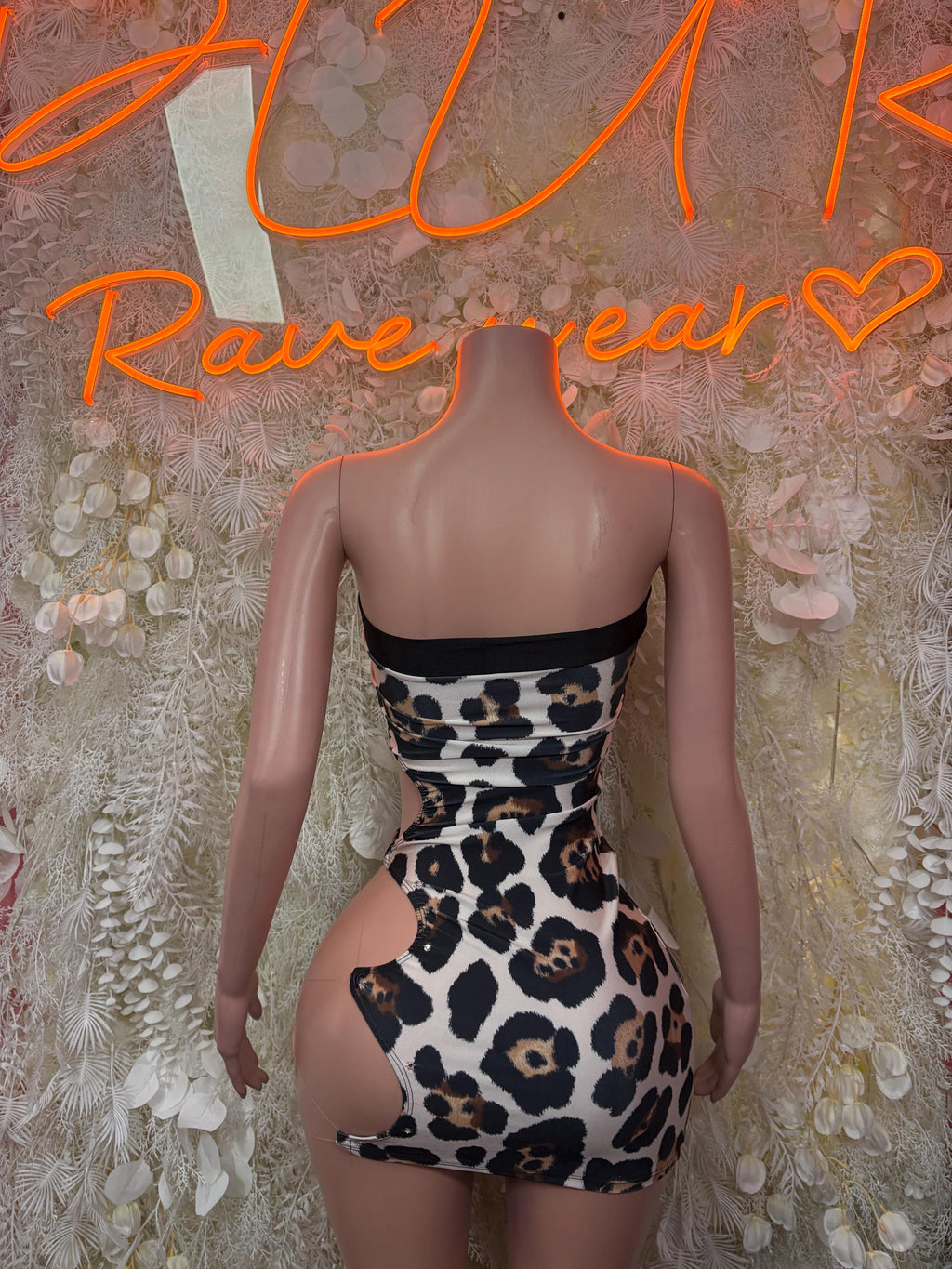 Leopard print mini dress with open back and fitted ruched waist panel