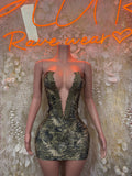 Snakeskin print mini dress, sleeveless V-neck front, short fitted hem