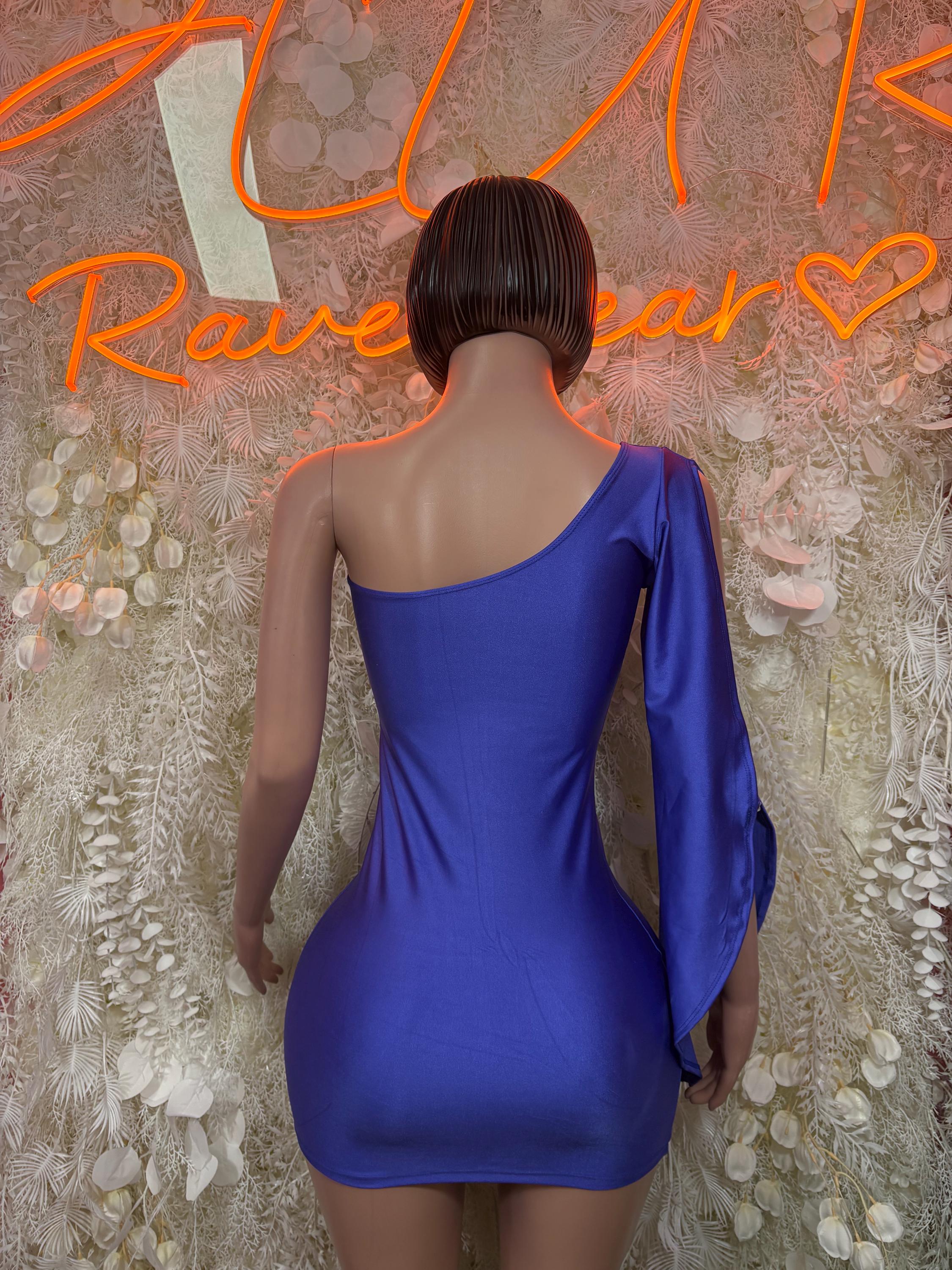 Royal blue mini dress with open back and draped long sleeve