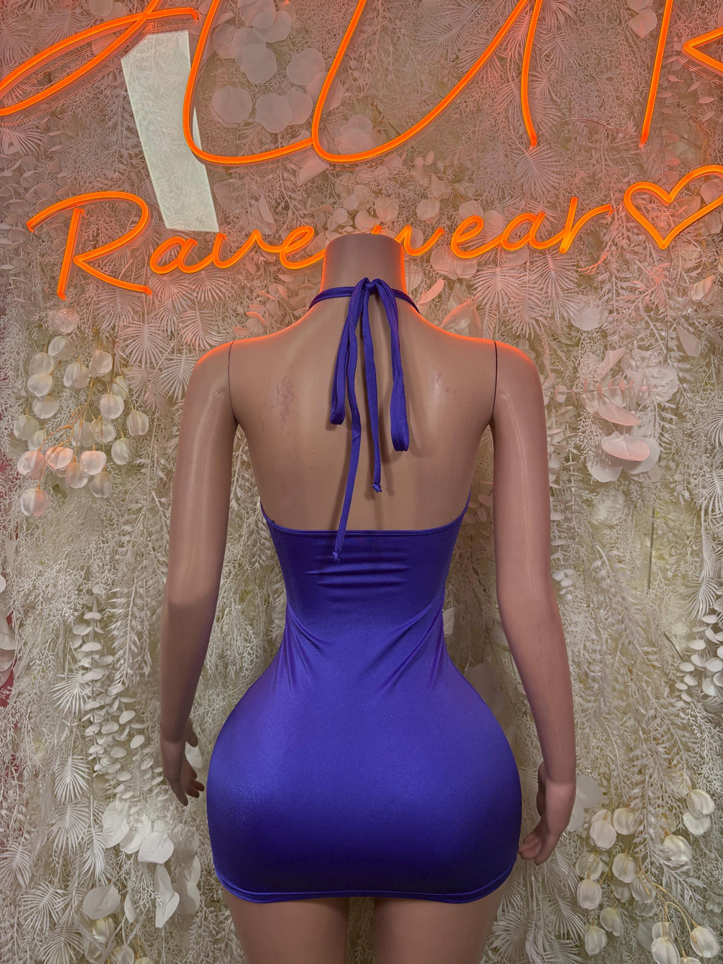 Purple halter mini dress, back open with draped tie strap and fitted cut