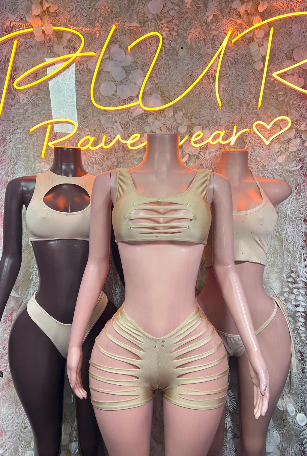 Beige strappy bikini set with front cutout crop top and high-cut bottoms, multi-view