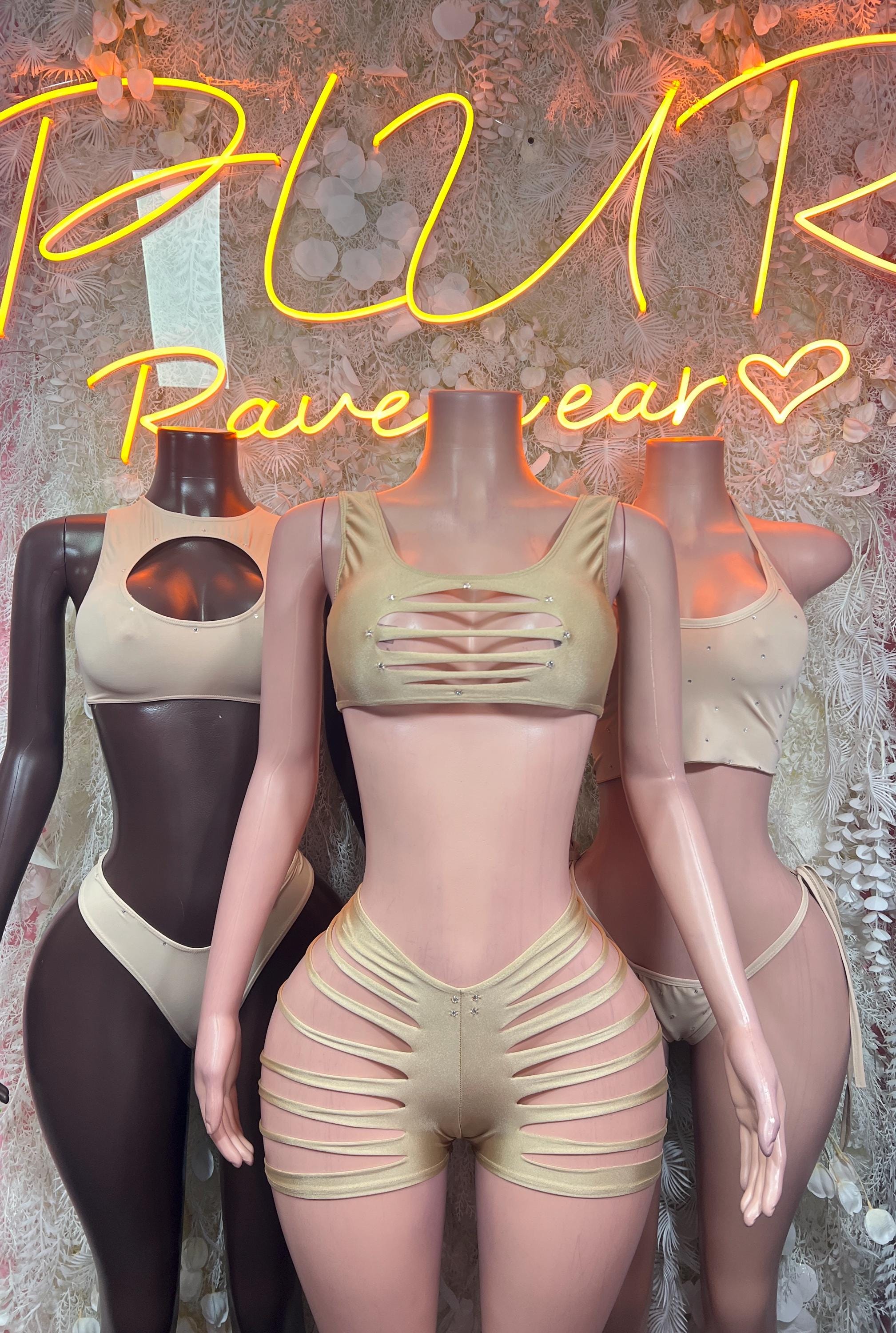 Beige strappy bikini set with front cutout crop top and high-cut bottoms, multi-view
