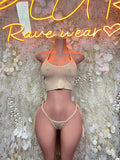 Beige strappy crop bikini top with underwire and high-cut bottoms, two-piece set