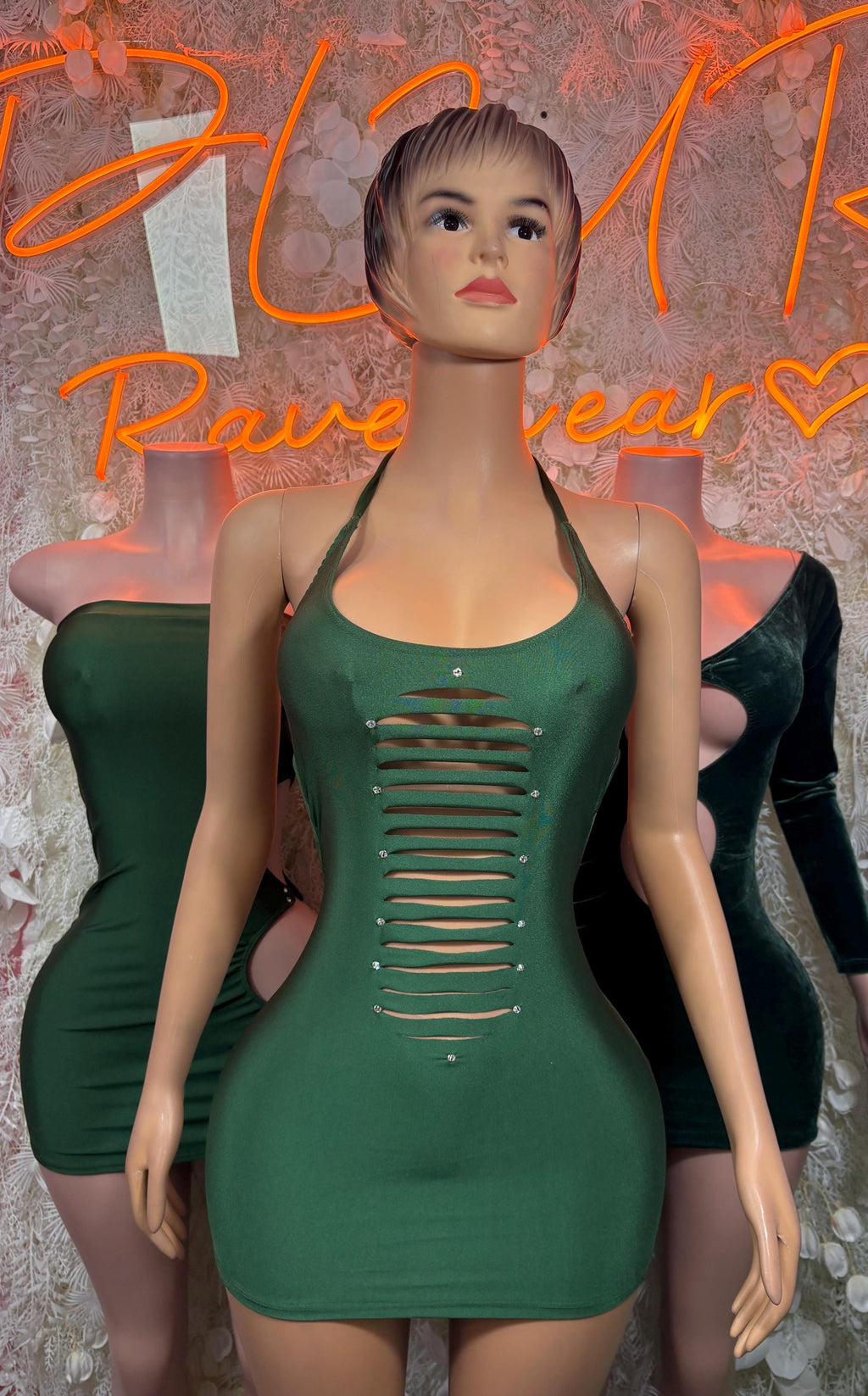 Green velvet halter mini dress with ribbed cutout front