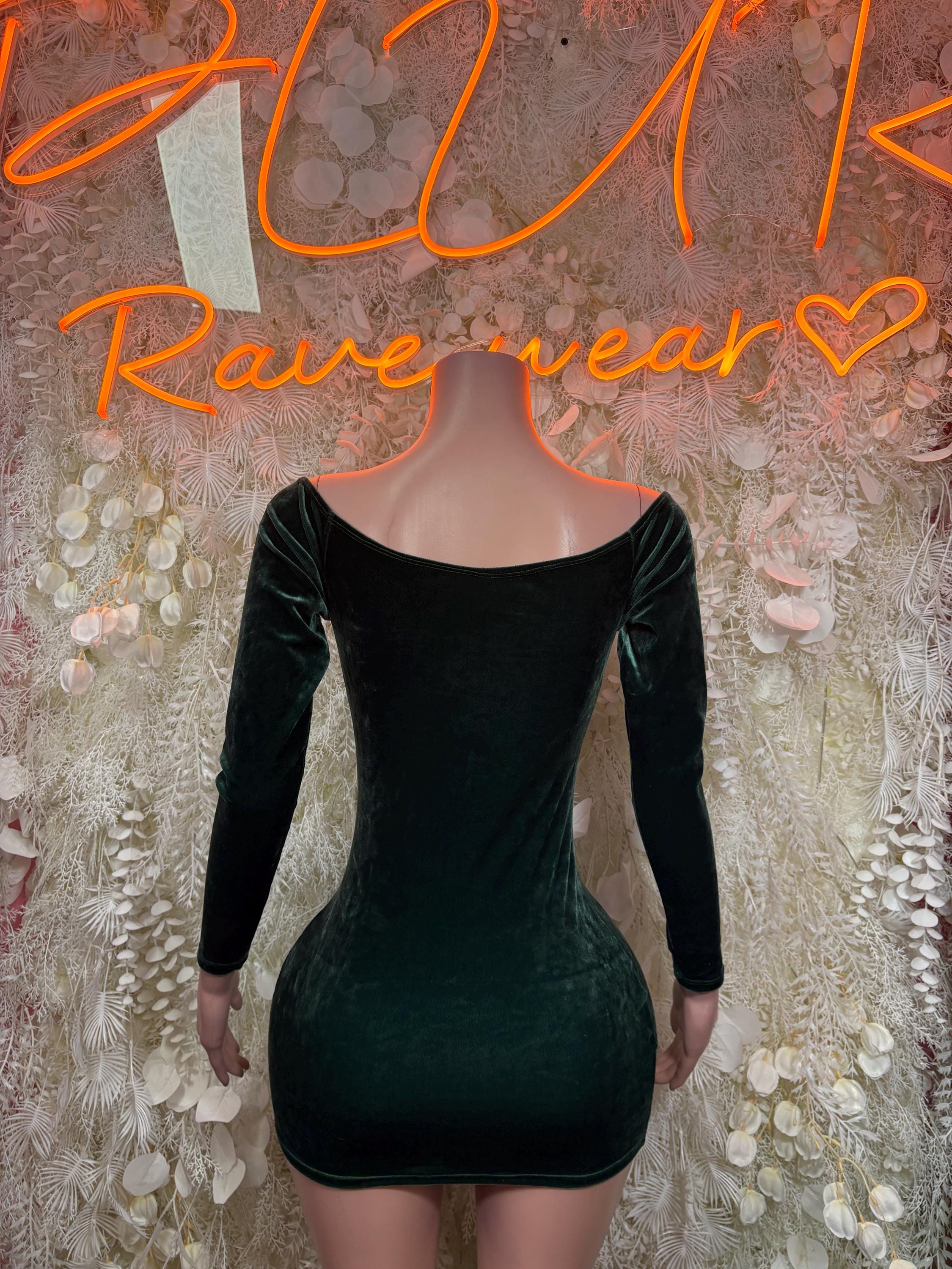 Dark green velvet mini dress with long sleeves and scoop neckline