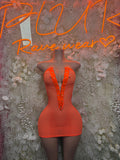 Orange fishnet one-piece dress with V neckline and short fitted hem