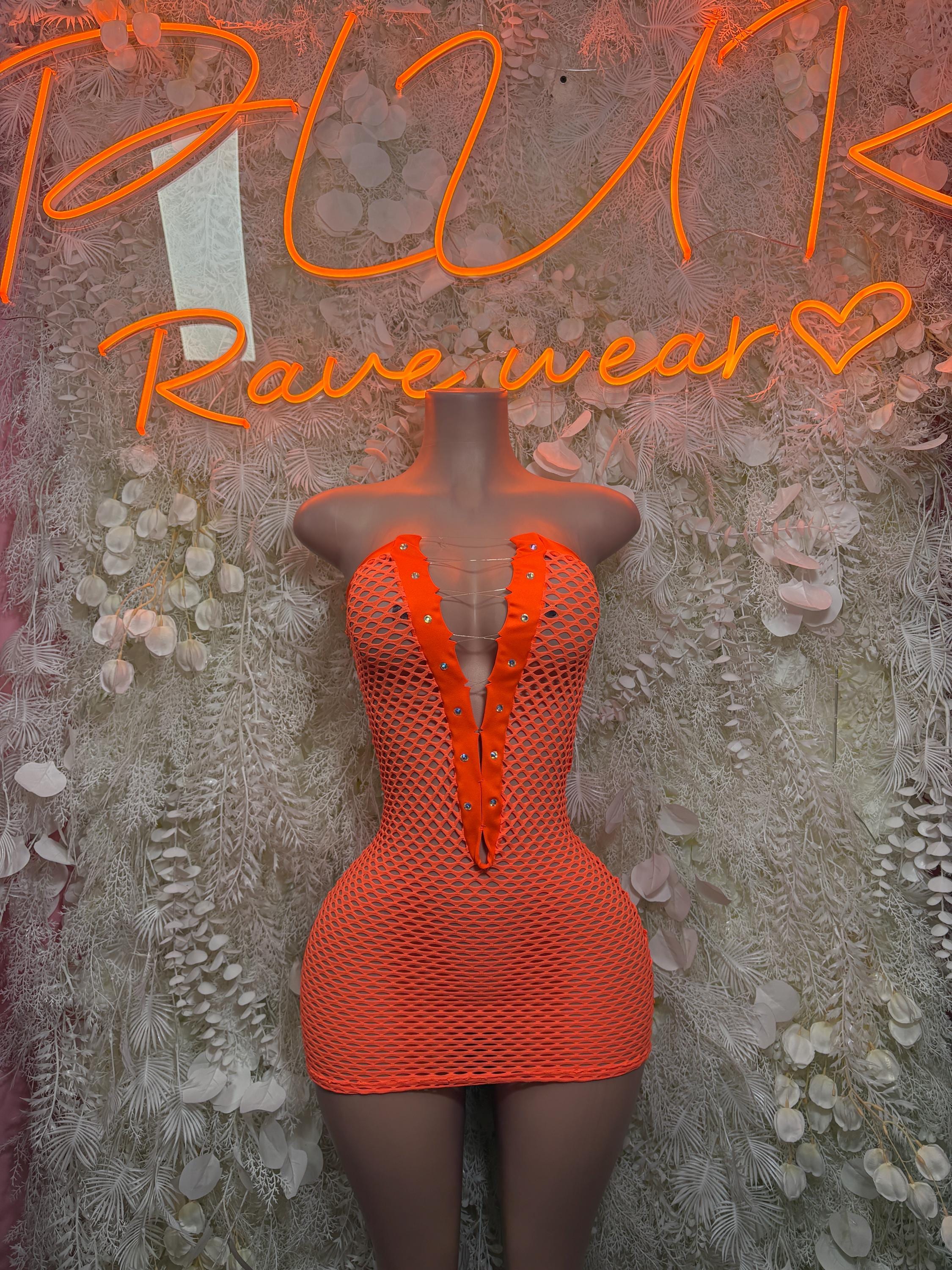 Orange fishnet one-piece dress with V neckline and short fitted hem