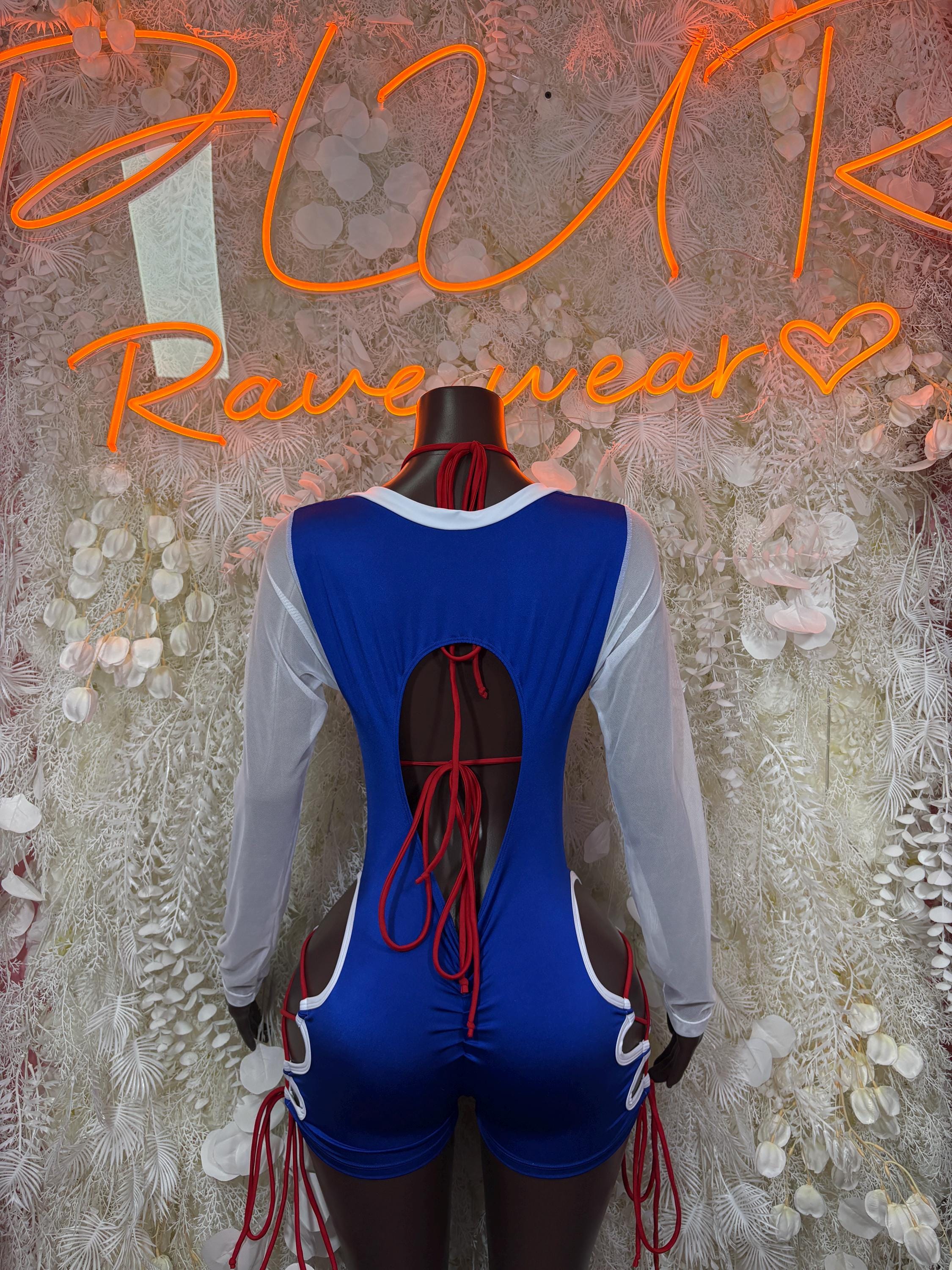 Back view of rave flag bodysuit in blue with red lace ties and sheer white sleeves