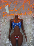 Americana star-print one-piece bodysuit with red-and-white striped accents, cheeky cut