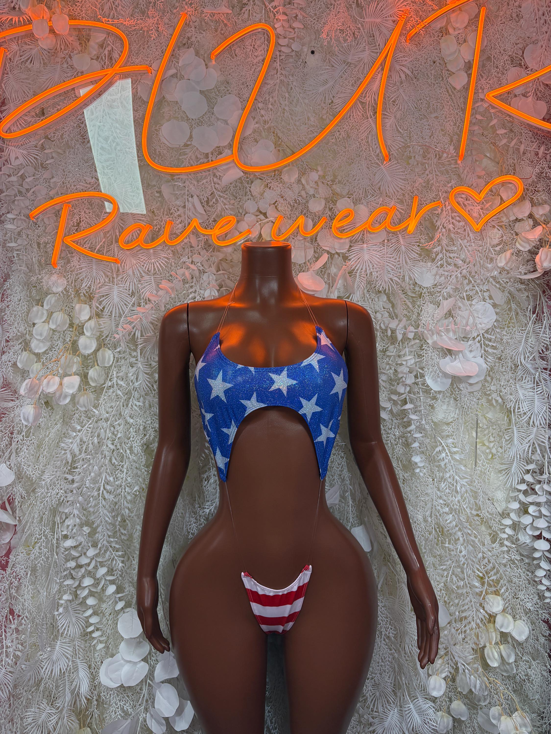 Americana star-print one-piece bodysuit with red-and-white striped accents, cheeky cut
