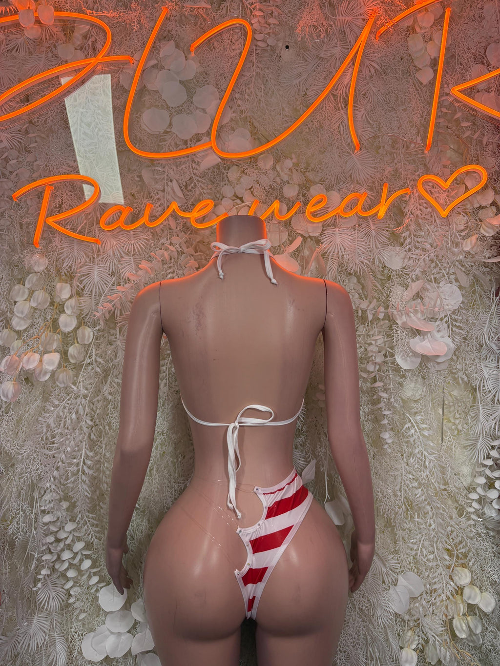 American flag bikini swimsuit with tie-back triangle top and high-leg bottoms, back view