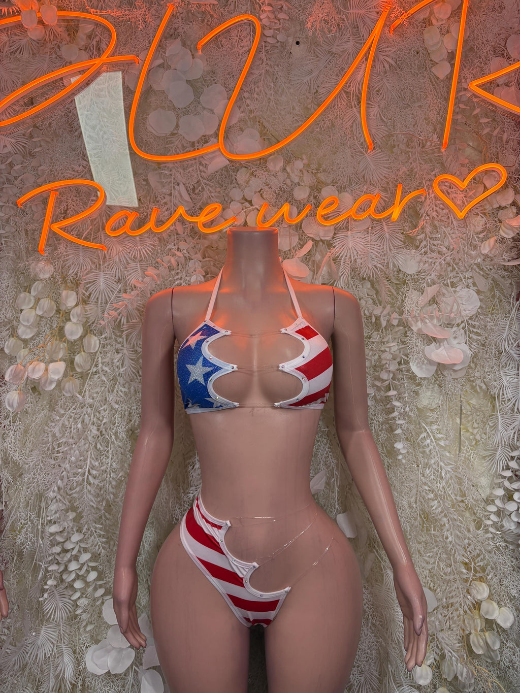 American flag bikini swimsuit with triangle top and matching high-leg bottoms, front view